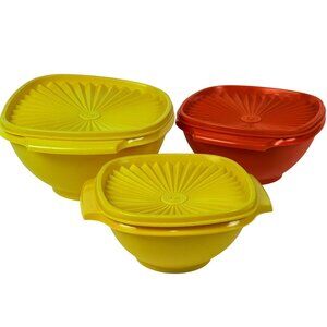 Vintage 3 Tupperware Sunburst Yellow & Orange Bowl Set With Lids Retro Kitchen